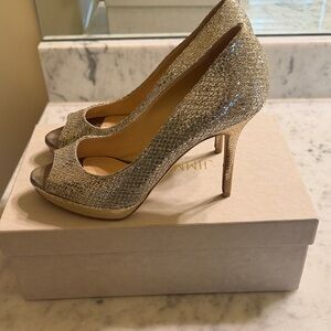 Jimmy Choo Gold Glitter Peep-Toe Stilettos